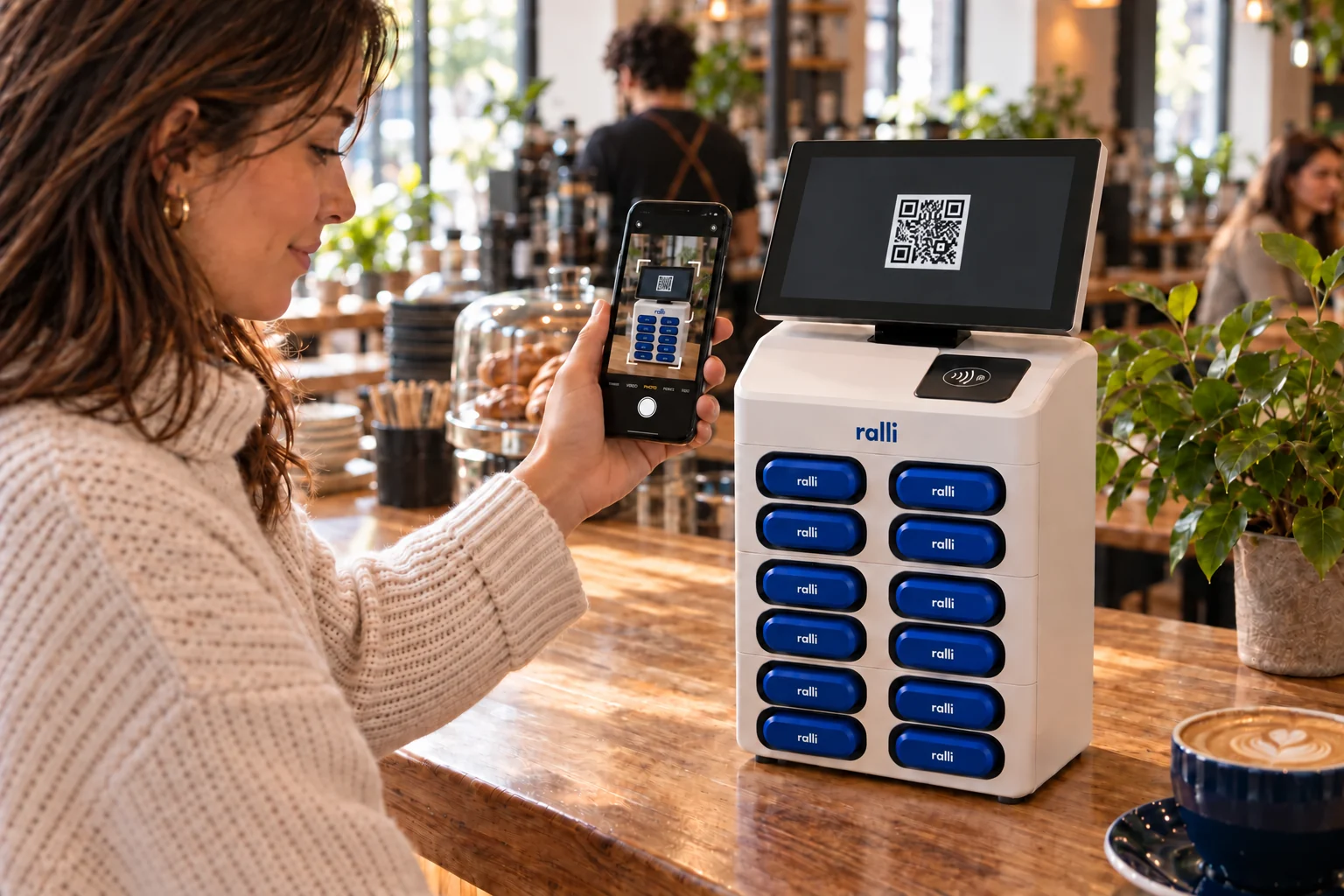 Un téléphone scanne le QR code de la borne, sur un comptoir de café